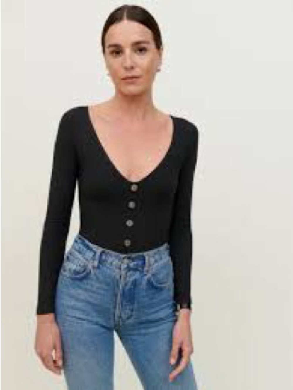 Reformation Black V-Neck Button-Front Ribbed Sweater - Picture 2 of 4